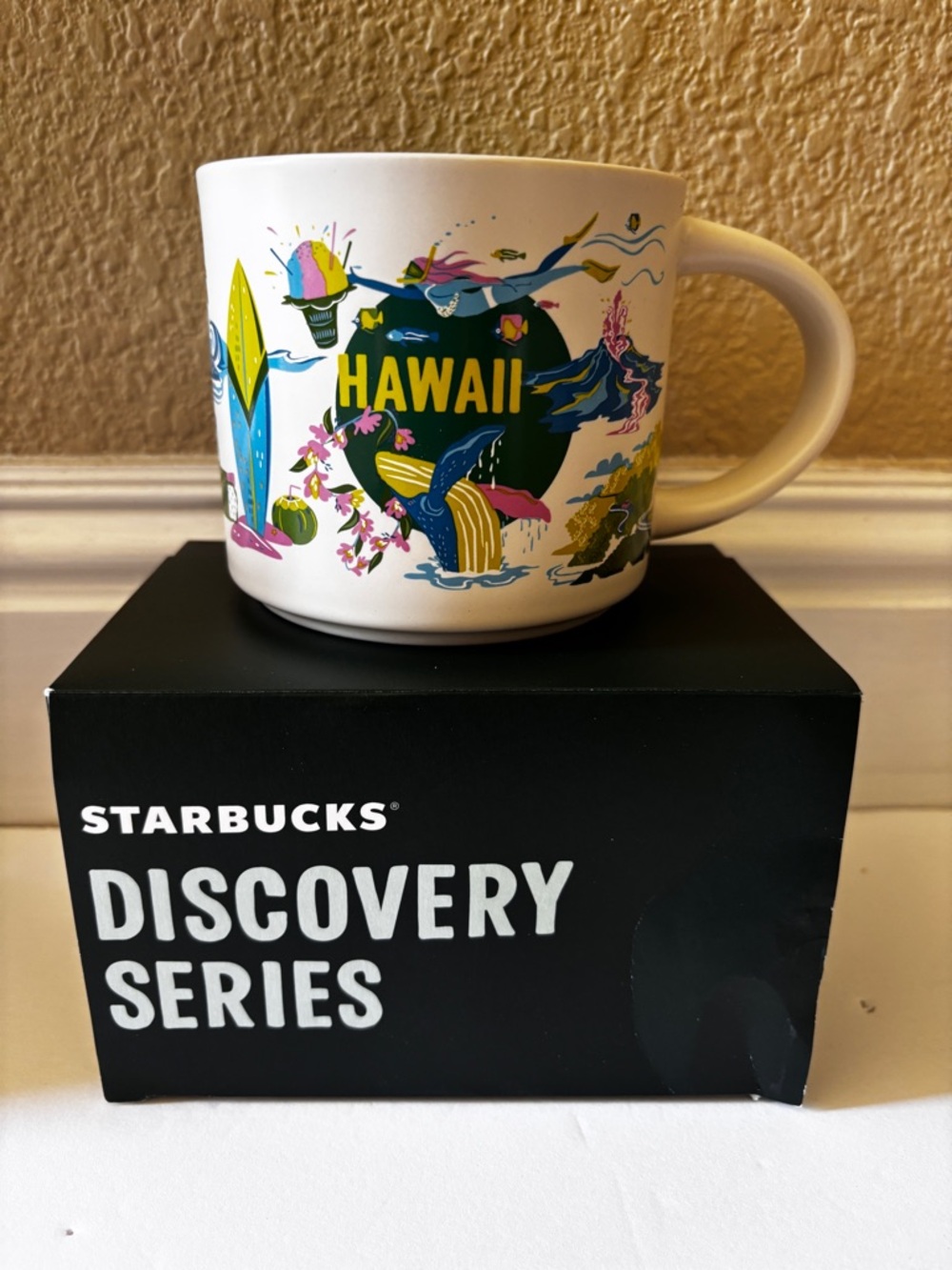Starbucks Hawaii Ceramic Mug - White with Blue, Green, Yellow, Pink